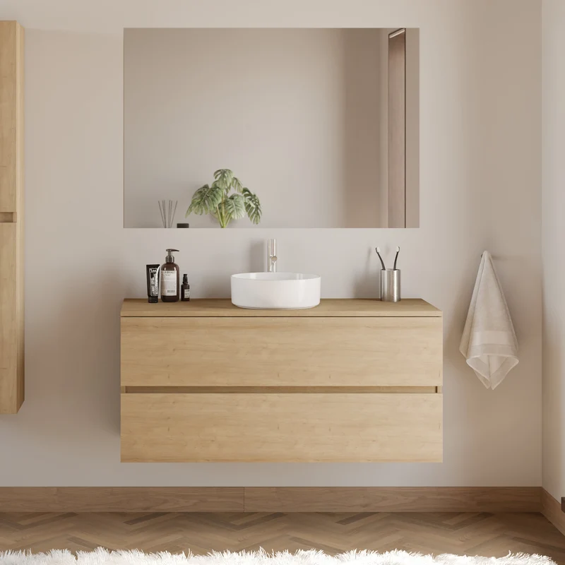 Meuble de salle de bain 120cm avec plateau et vasque à poser ronde - 2 tiroirs - IDA