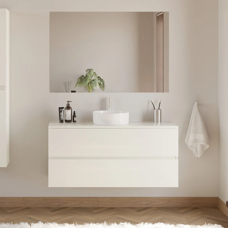 Meuble de salle de bain 120cm avec plateau et vasque à poser ronde - 2 tiroirs - IDA