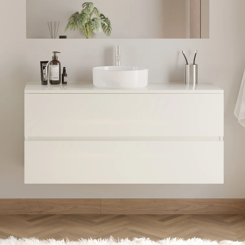 Meuble de salle de bain 120cm avec plateau et vasque à poser ronde - 2 tiroirs - IDA