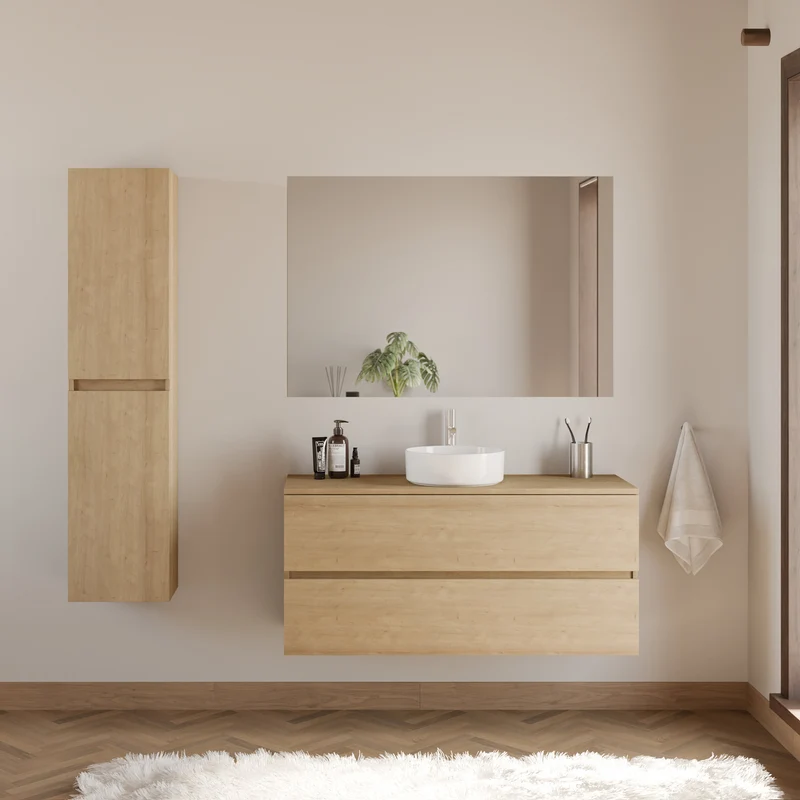 Meuble de salle de bain 120cm avec plateau et vasque à poser ronde - 2 tiroirs - IDA