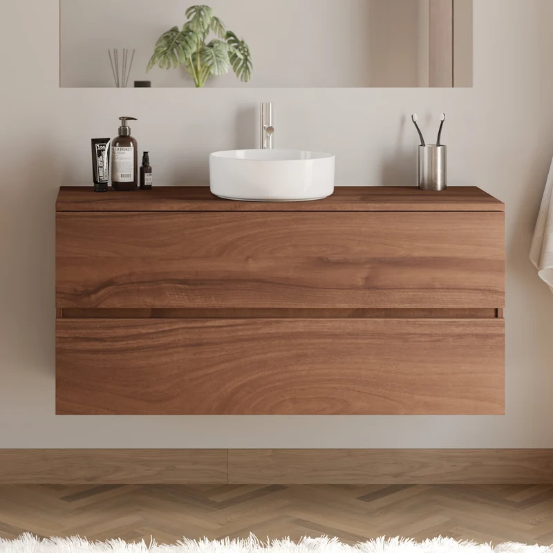 Meuble de salle de bain 120cm avec plateau et vasque à poser ronde - 2 tiroirs - IDA