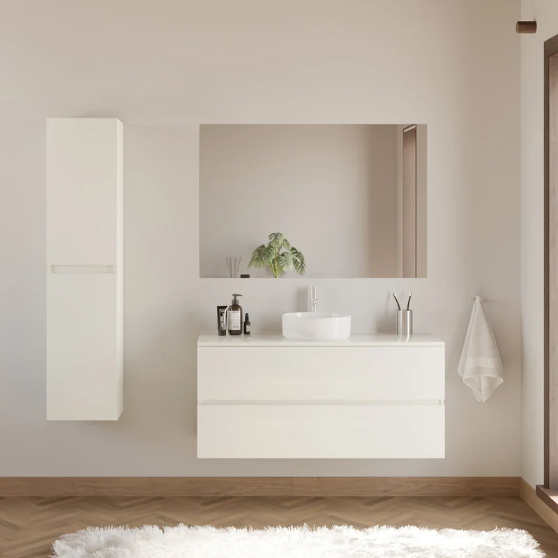 Meuble de salle de bain 120cm avec plateau et vasque à poser ronde - 2 tiroirs - IDA
