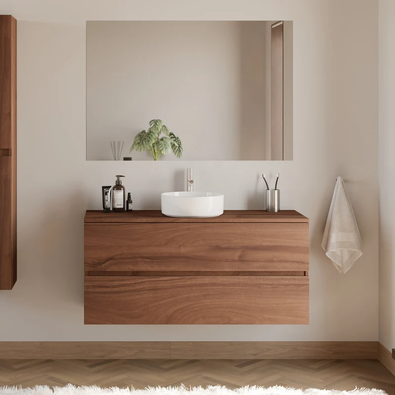 Meuble de salle de bain 120cm avec plateau et vasque à poser ronde - 2 tiroirs - IDA