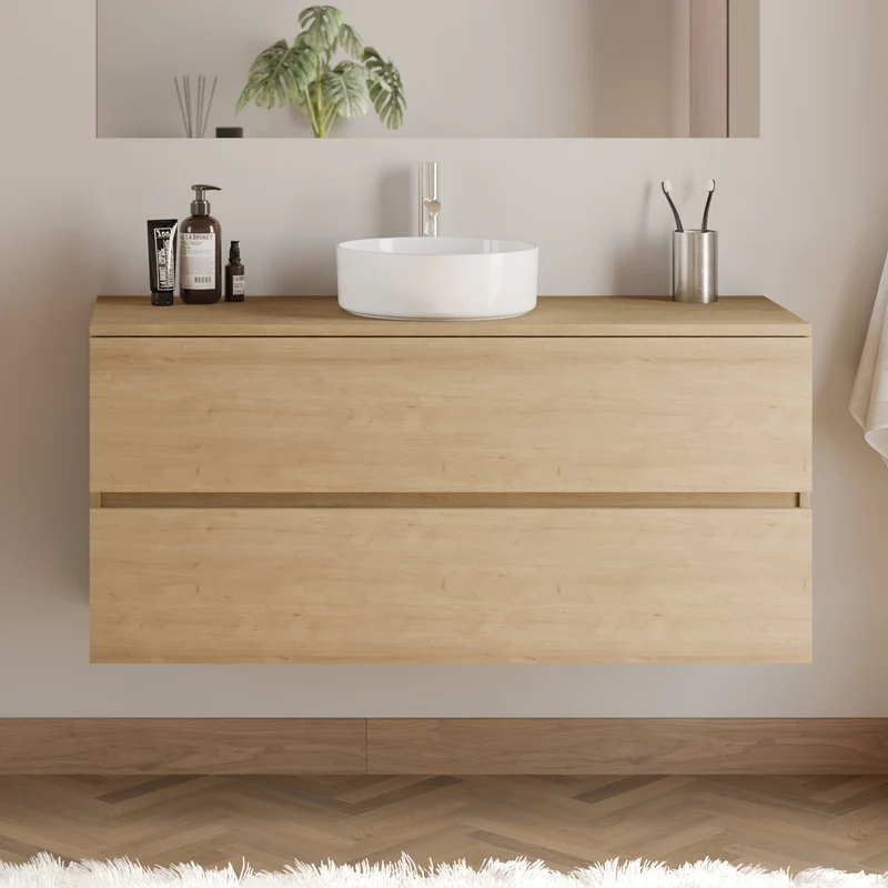 Meuble de salle de bain 120cm avec plateau et vasque à poser ronde - 2 tiroirs - IDA