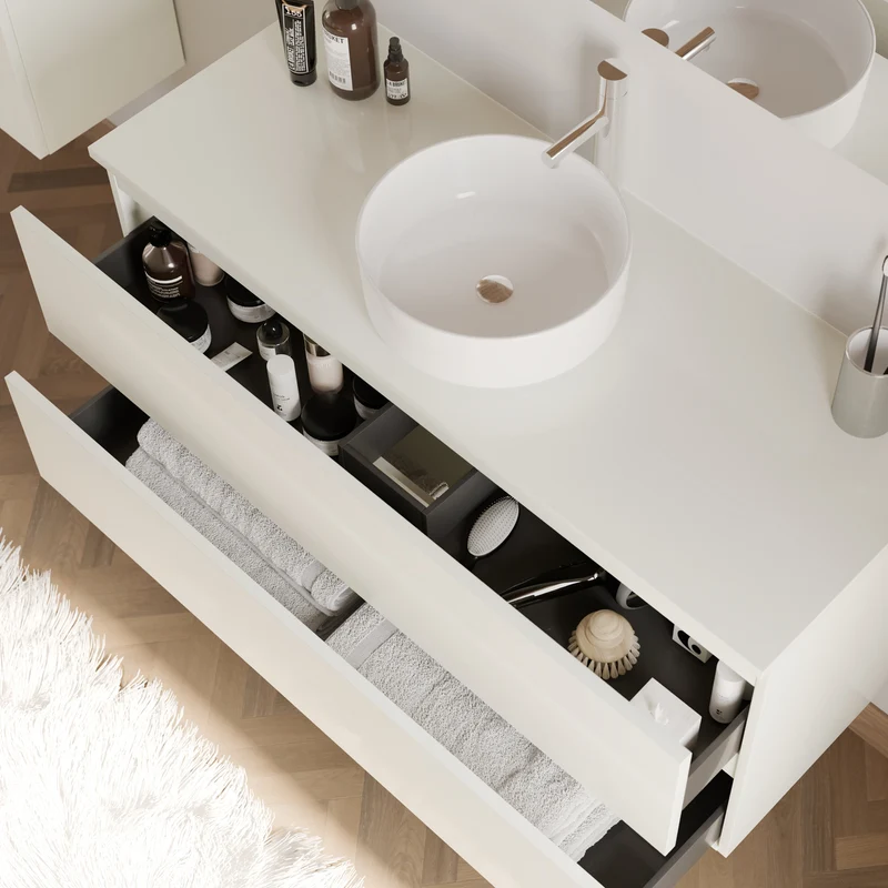Meuble de salle de bain 120cm avec plateau et vasque à poser ronde - 2 tiroirs - IDA