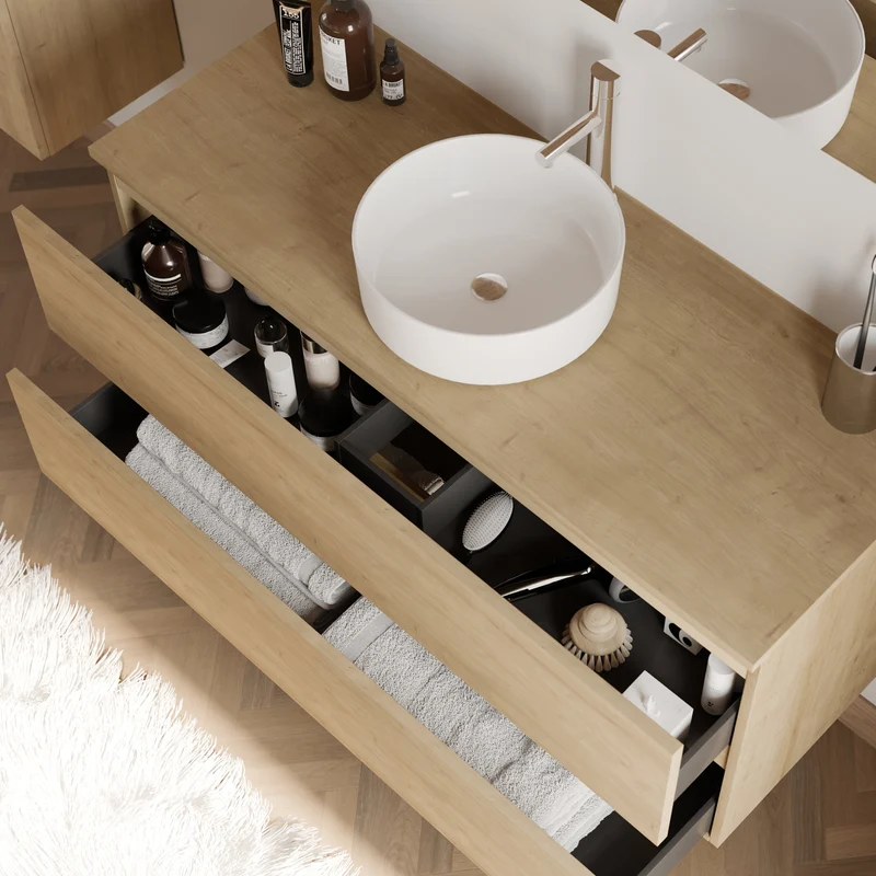 Meuble de salle de bain 120cm avec plateau et vasque à poser ronde - 2 tiroirs - IDA