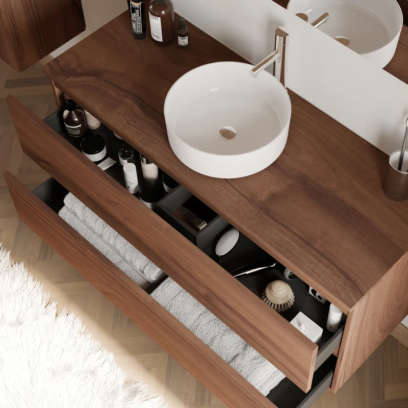 Meuble de salle de bain 120cm avec plateau et vasque à poser ronde - 2 tiroirs - IDA