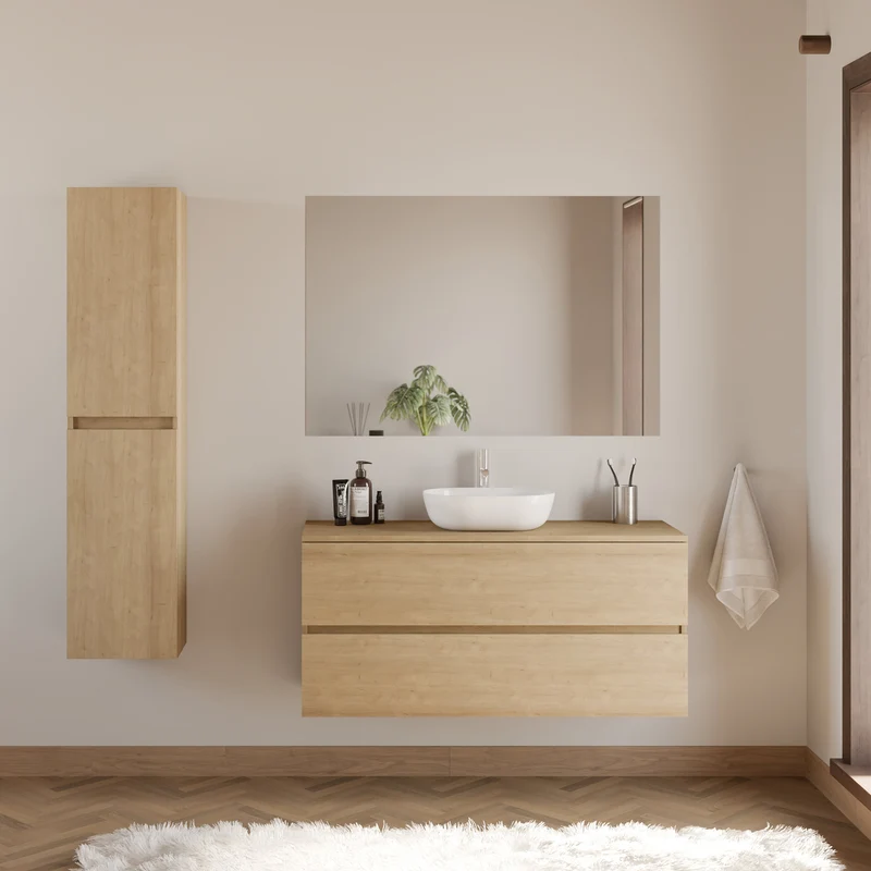 Meuble de salle de bain 120cm avec plateau et vasque à poser arrondie - 2 tiroirs - IDA