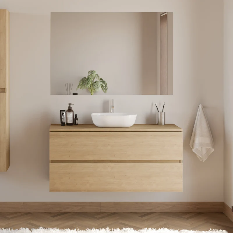 Meuble de salle de bain 120cm avec plateau et vasque à poser arrondie - 2 tiroirs - IDA