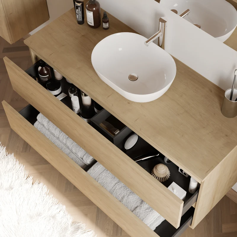 Meuble de salle de bain 120cm avec plateau et vasque à poser arrondie - 2 tiroirs - IDA