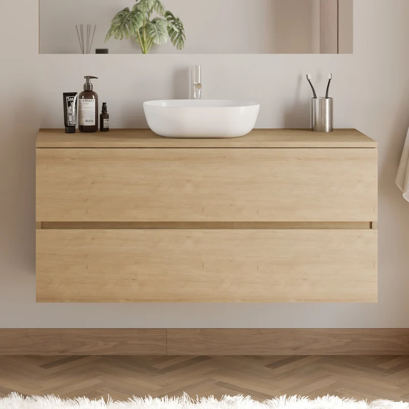 Meuble de salle de bain 120cm avec plateau et vasque à poser arrondie - 2 tiroirs - IDA