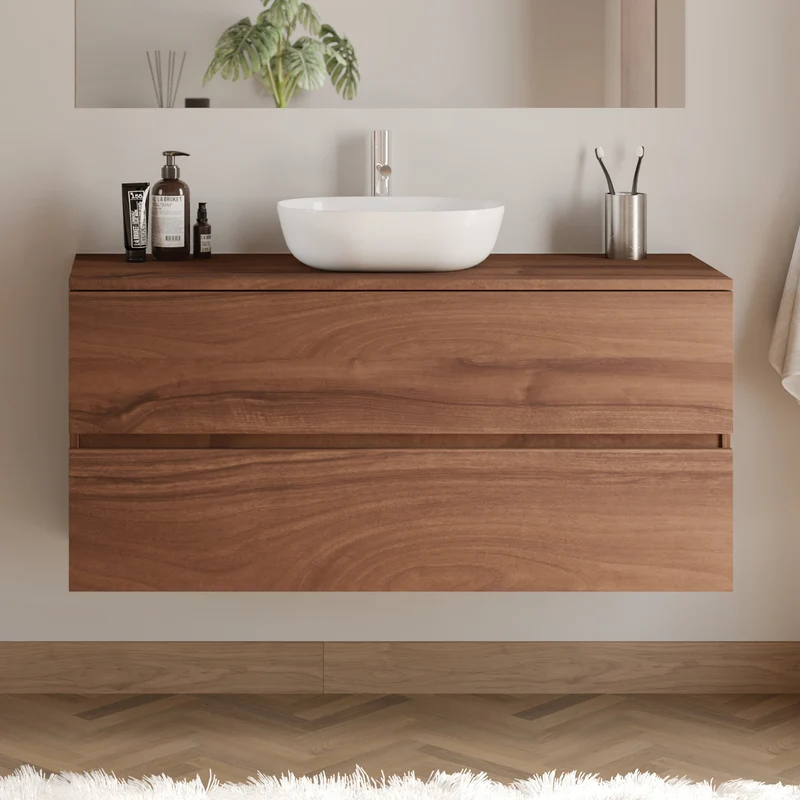 Meuble de salle de bain 120cm avec plateau et vasque à poser arrondie - 2 tiroirs - IDA