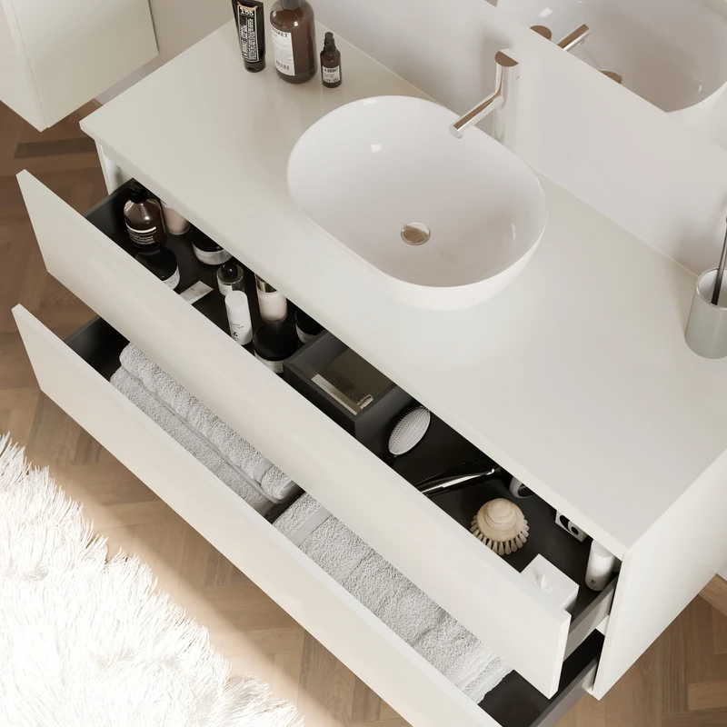 Meuble de salle de bain 120cm avec plateau et vasque à poser arrondie - 2 tiroirs - IDA
