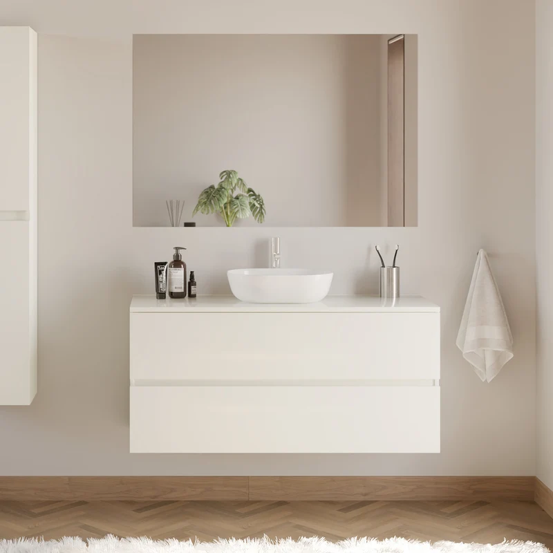 Meuble de salle de bain 120cm avec plateau et vasque à poser arrondie - 2 tiroirs - IDA