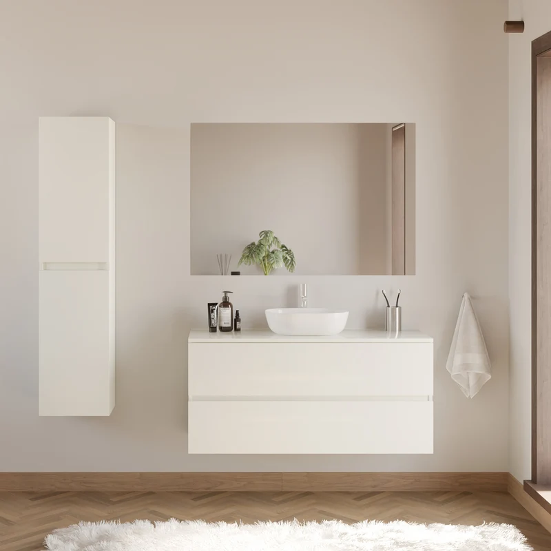 Meuble de salle de bain 120cm avec plateau et vasque à poser arrondie - 2 tiroirs - IDA