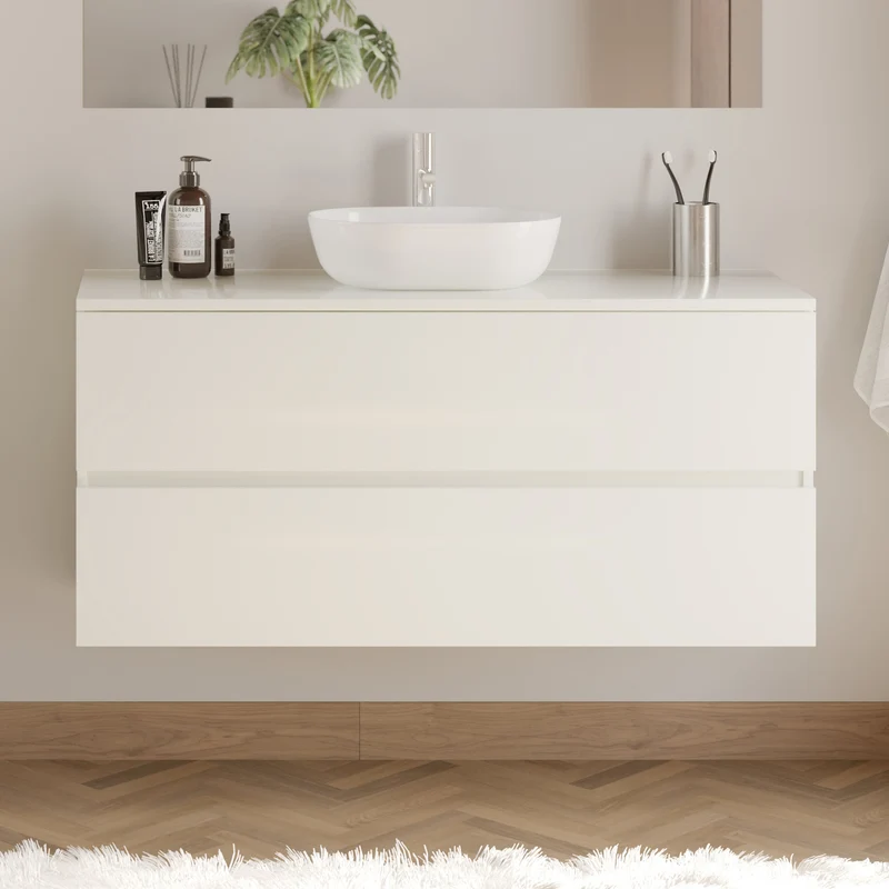 Meuble de salle de bain 120cm avec plateau et vasque à poser arrondie - 2 tiroirs - IDA