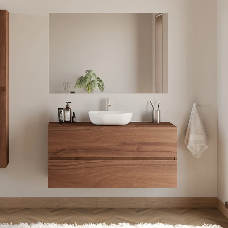Meuble de salle de bain 120cm avec plateau et vasque à poser arrondie - 2 tiroirs - IDA