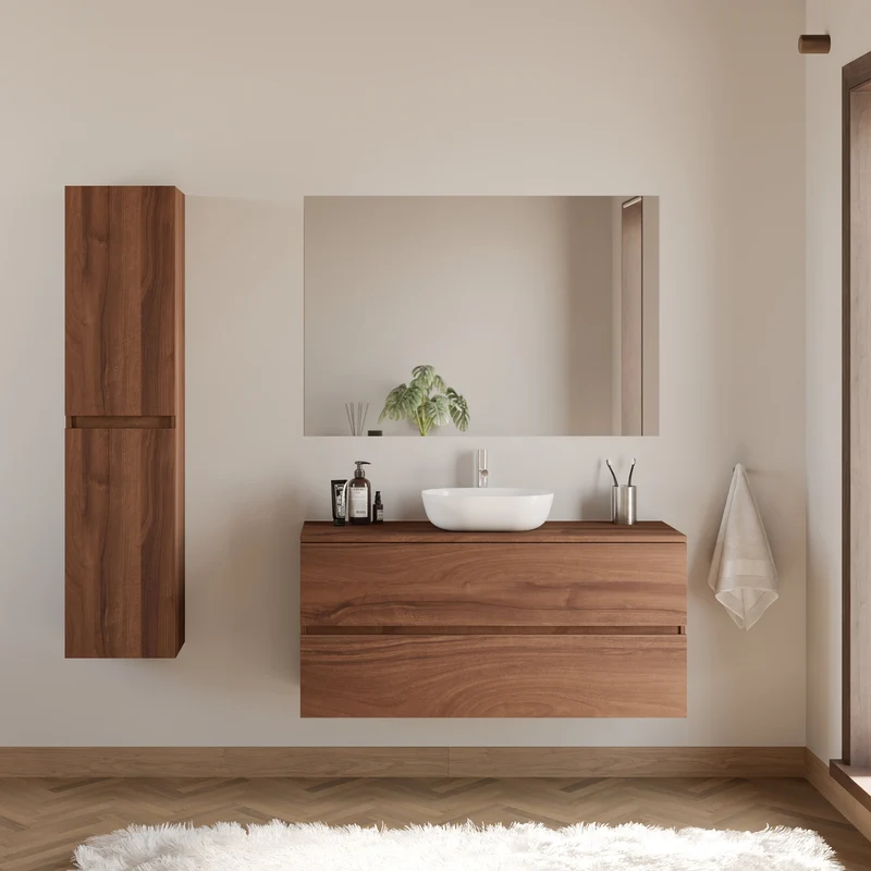 Meuble de salle de bain 120cm avec plateau et vasque à poser arrondie - 2 tiroirs - IDA