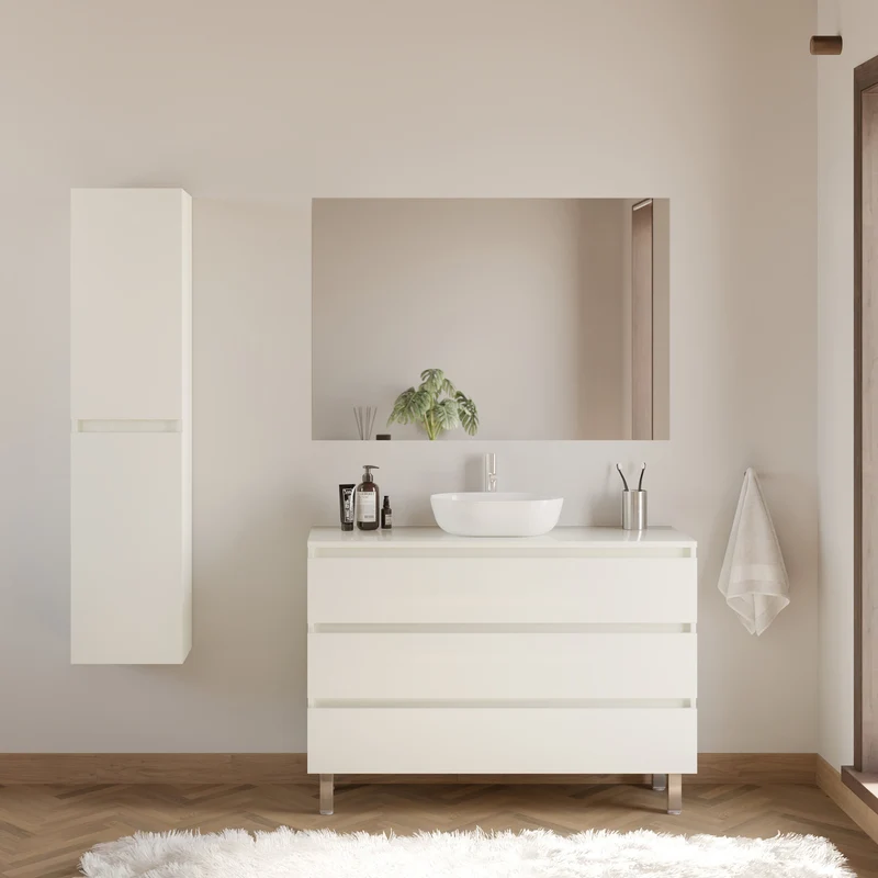 Meuble de salle de bain 120cm avec plateau et vasque à poser arrondie - 3 tiroirs + colonne - MAYOR