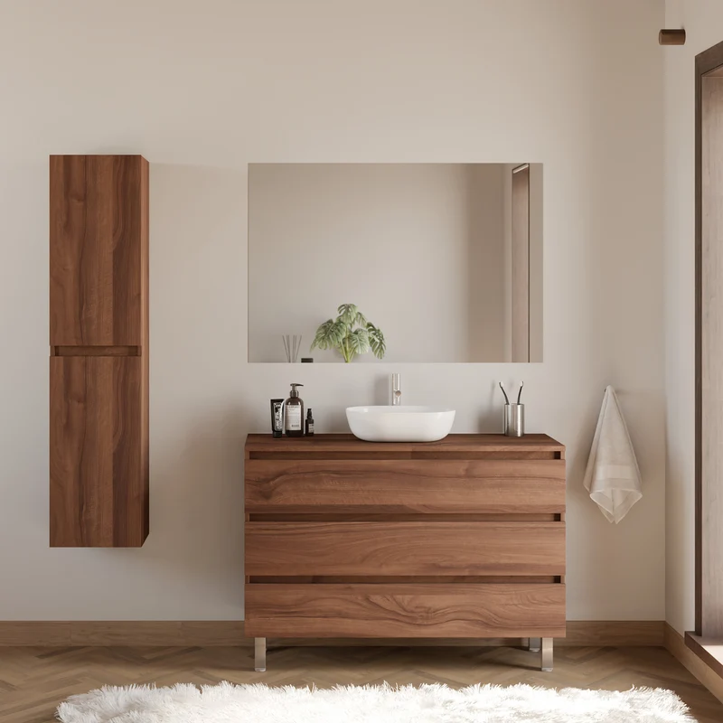 Meuble de salle de bain 120cm avec plateau et vasque à poser arrondie - 3 tiroirs + colonne - MAYOR