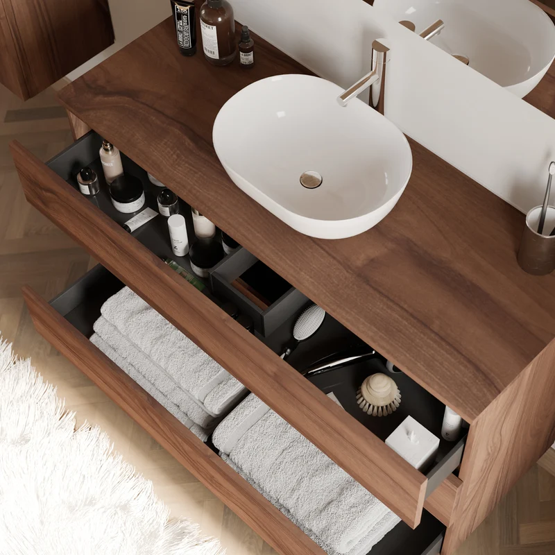 Meuble de salle de bain 120cm avec plateau et vasque à poser arrondie - 3 tiroirs + colonne - MAYOR