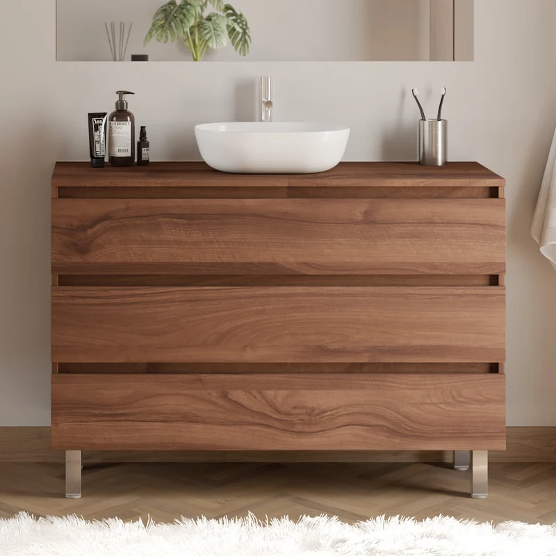 Meuble de salle de bain 120cm avec plateau et vasque à poser arrondie - 3 tiroirs + colonne - MAYOR