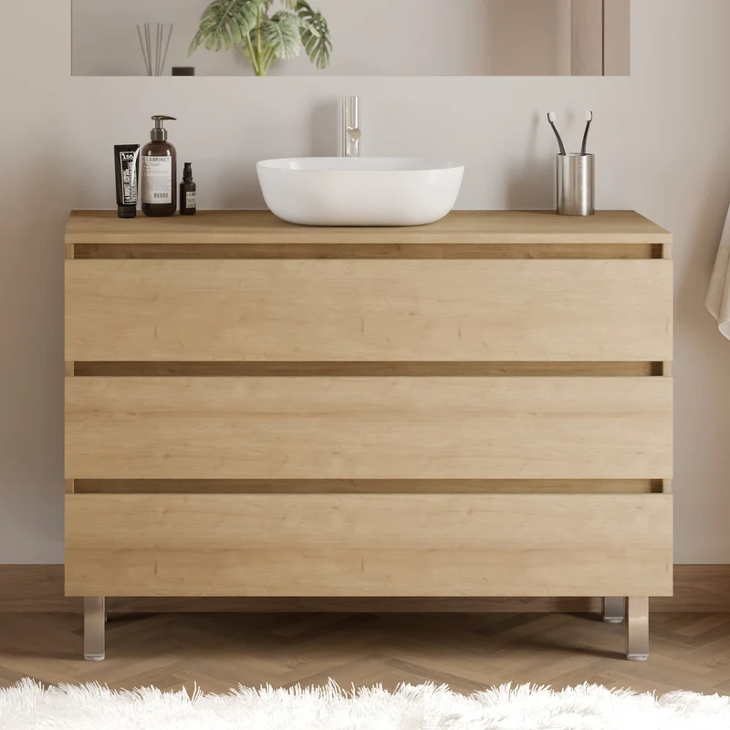 Meuble de salle de bain 120cm avec plateau et vasque à poser arrondie - 3 tiroirs + colonne - MAYOR