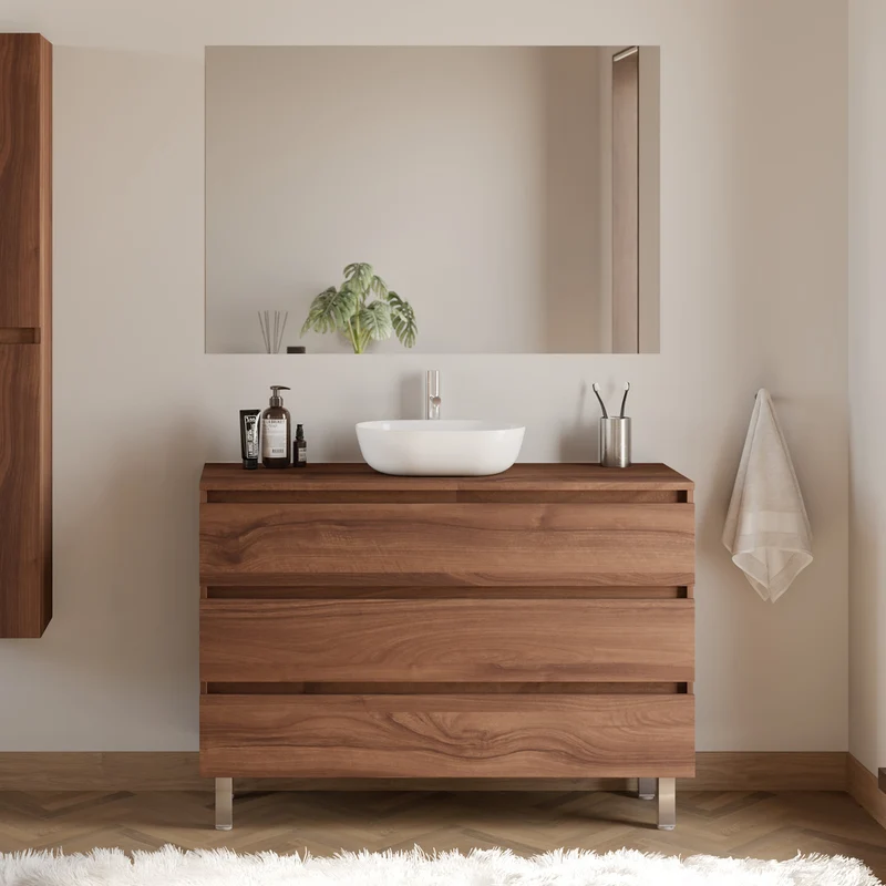 Meuble de salle de bain 120cm avec plateau et vasque à poser arrondie - 3 tiroirs + colonne - MAYOR