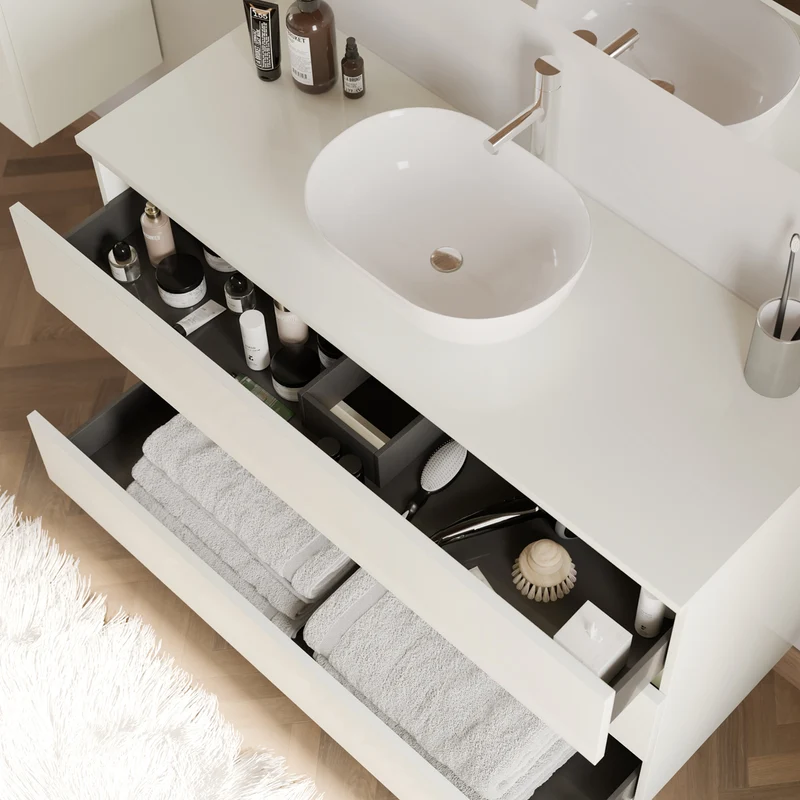 Meuble de salle de bain 120cm avec plateau et vasque à poser arrondie - 3 tiroirs + colonne - MAYOR