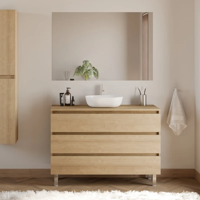 Meuble de salle de bain 120cm avec plateau et vasque à poser arrondie - 3 tiroirs + colonne - MAYOR