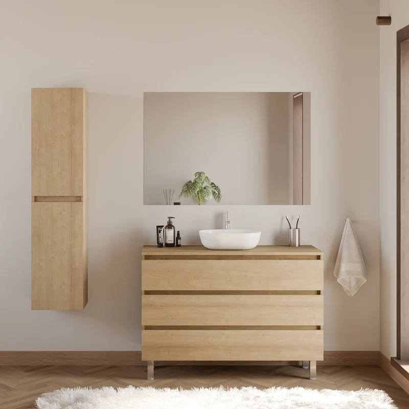 Meuble de salle de bain 120cm avec plateau et vasque à poser arrondie - 3 tiroirs + colonne - MAYOR