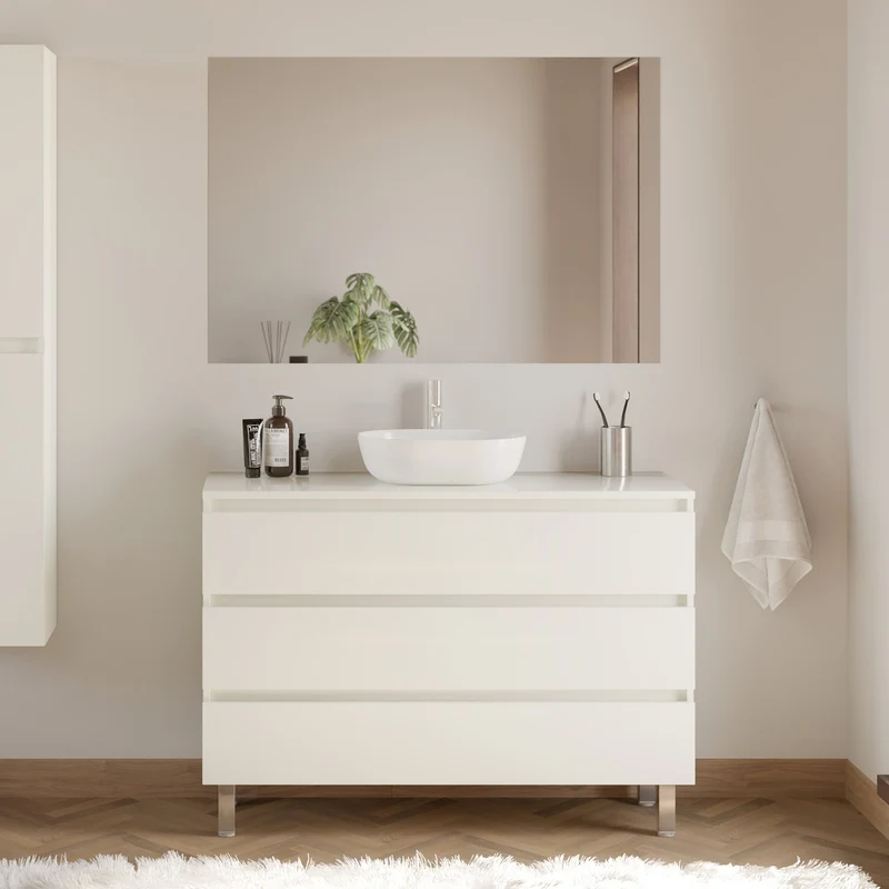 Meuble de salle de bain 120cm avec plateau et vasque à poser arrondie - 3 tiroirs + colonne - MAYOR