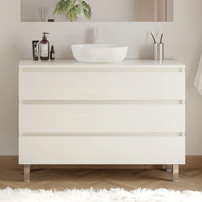 Meuble de salle de bain 120cm avec plateau et vasque à poser arrondie - 3 tiroirs + colonne - MAYOR