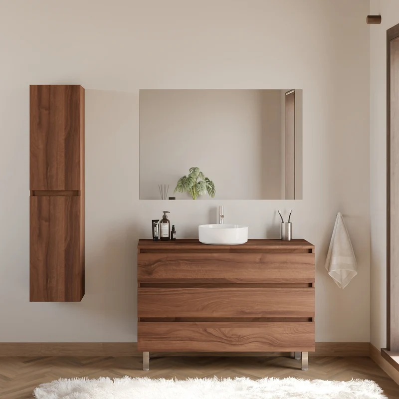 Meuble de salle de bain 120cm avec plateau et vasque à poser ronde - 3 tiroirs - MAYOR