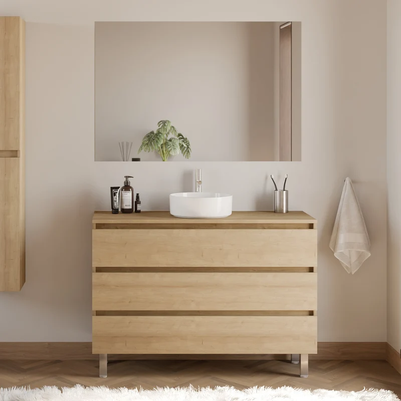 Meuble de salle de bain 120cm avec plateau et vasque à poser ronde - 3 tiroirs - MAYOR