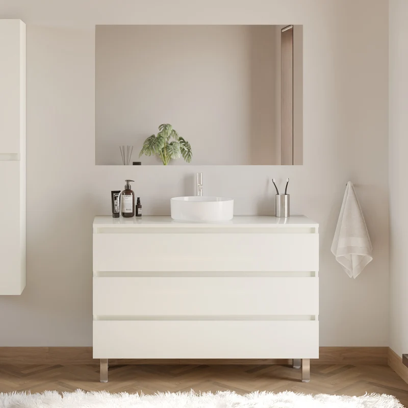 Meuble de salle de bain 120cm avec plateau et vasque à poser ronde - 3 tiroirs - MAYOR
