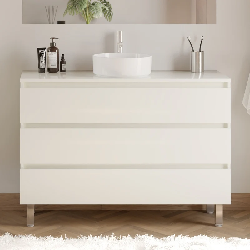 Meuble de salle de bain 120cm avec plateau et vasque à poser ronde - 3 tiroirs - MAYOR