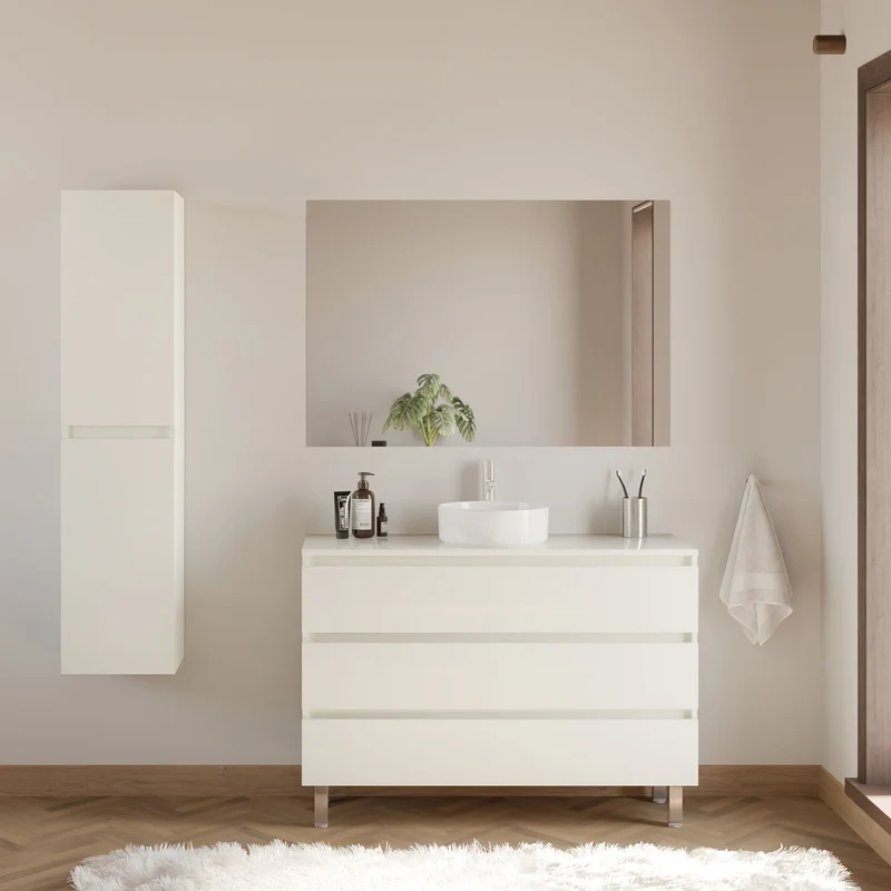 Meuble de salle de bain 120cm avec plateau et vasque à poser ronde - 3 tiroirs - MAYOR