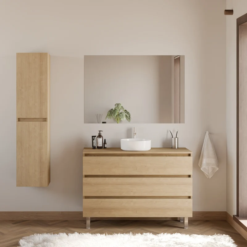 Meuble de salle de bain 120cm avec plateau et vasque à poser ronde - 3 tiroirs - MAYOR
