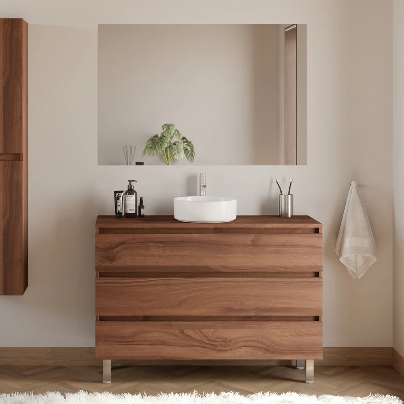 Meuble de salle de bain 120cm avec plateau et vasque à poser ronde - 3 tiroirs - MAYOR