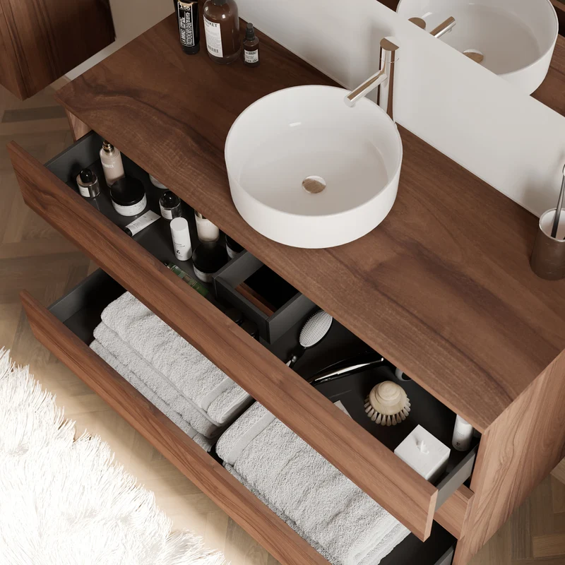 Meuble de salle de bain 120cm avec plateau et vasque à poser ronde - 3 tiroirs - MAYOR