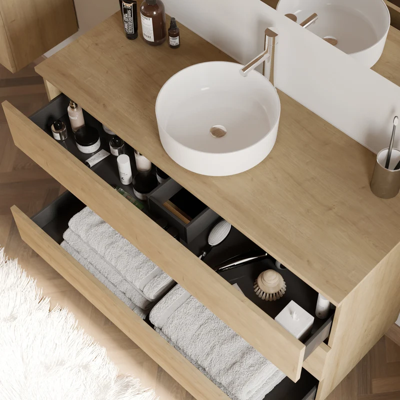 Meuble de salle de bain 120cm avec plateau et vasque à poser ronde - 3 tiroirs - MAYOR