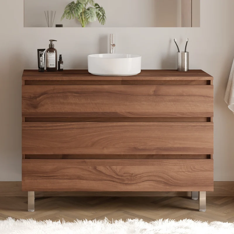 Meuble de salle de bain 120cm avec plateau et vasque à poser ronde - 3 tiroirs - MAYOR