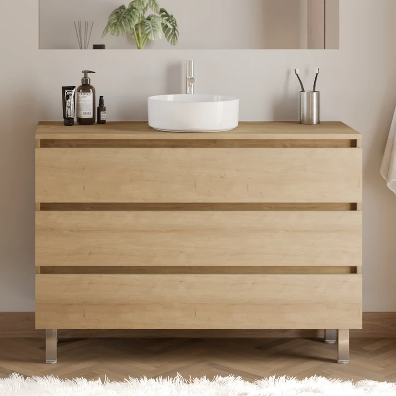 Meuble de salle de bain 120cm avec plateau et vasque à poser ronde - 3 tiroirs - MAYOR