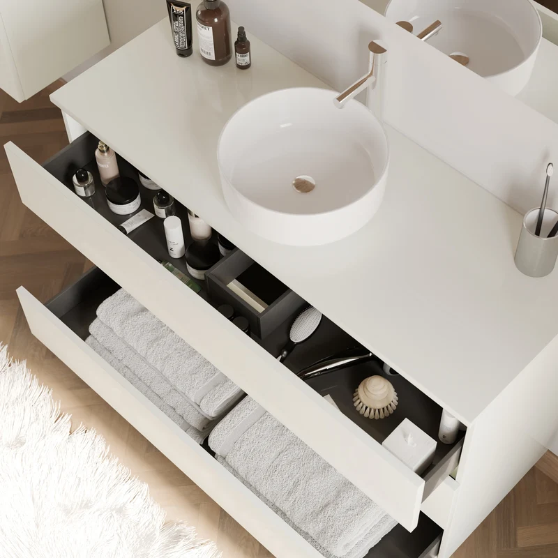 Meuble de salle de bain 120cm avec plateau et vasque à poser ronde - 3 tiroirs - MAYOR