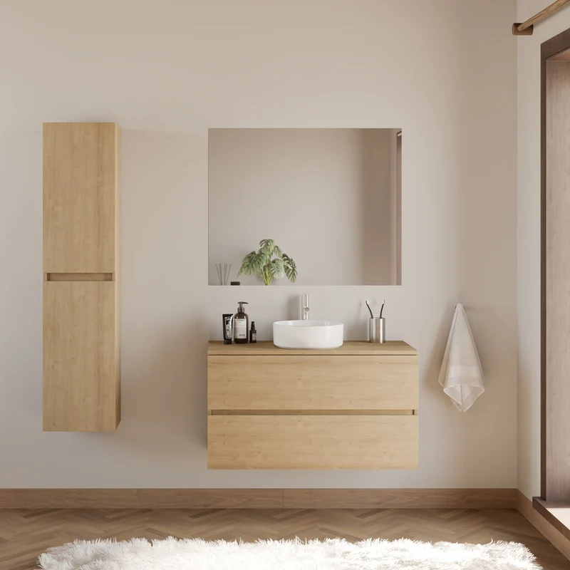 Meuble de salle de bain 90cm avec plateau et vasque à poser ronde - 2 tiroirs - IDA