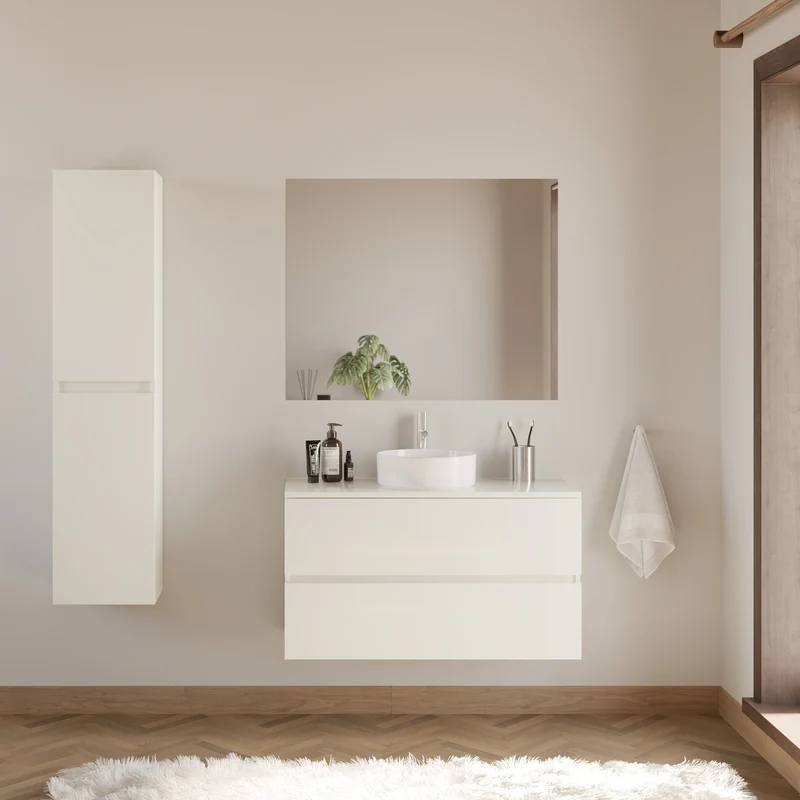 Meuble de salle de bain 90cm avec plateau et vasque à poser ronde - 2 tiroirs - IDA