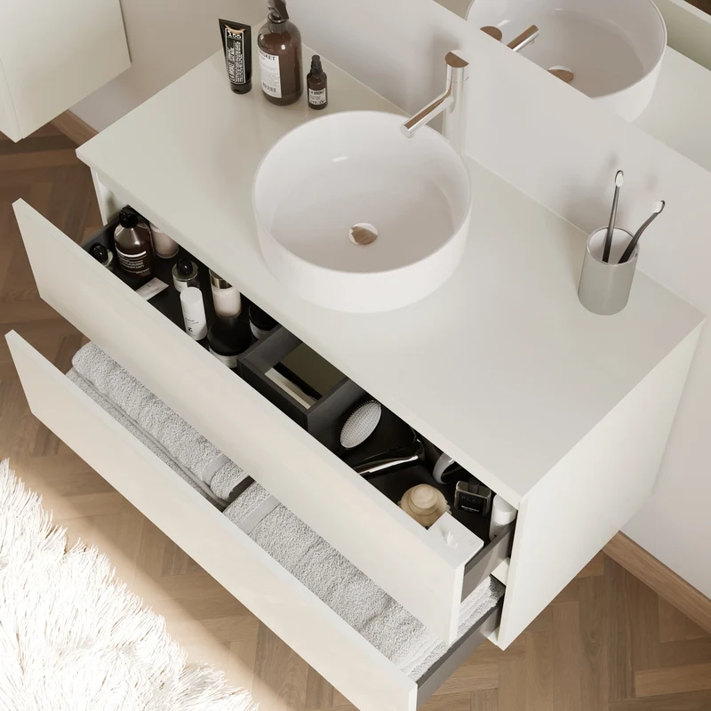 Meuble de salle de bain 90cm avec plateau et vasque à poser ronde - 2 tiroirs - IDA