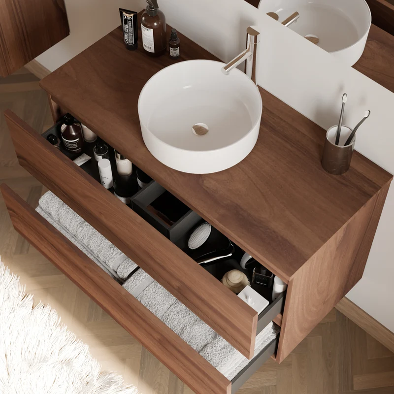 Meuble de salle de bain 90cm avec plateau et vasque à poser ronde - 2 tiroirs - IDA