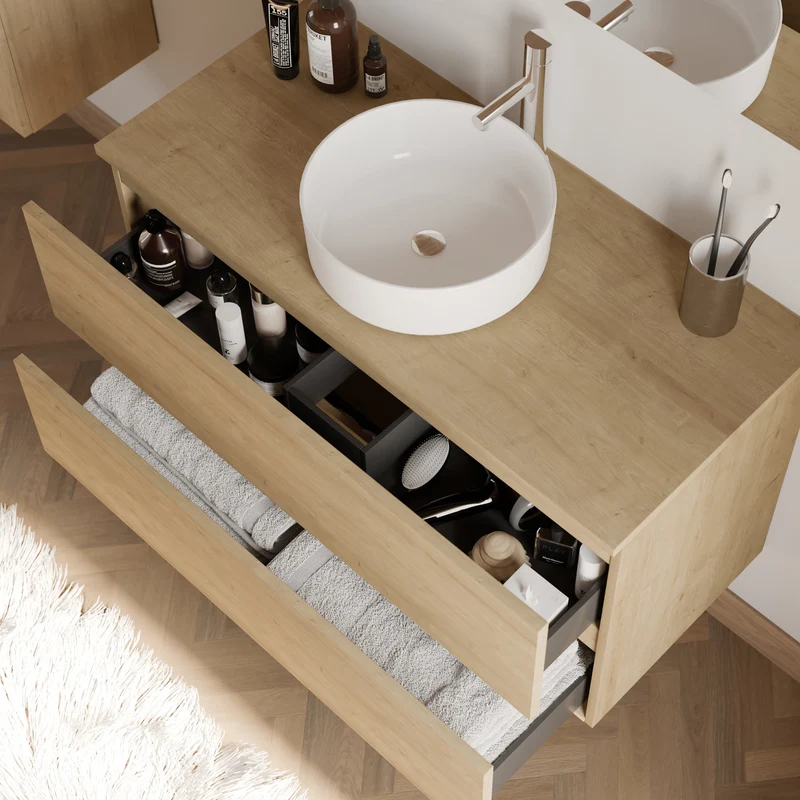 Meuble de salle de bain 90cm avec plateau et vasque à poser ronde - 2 tiroirs - IDA